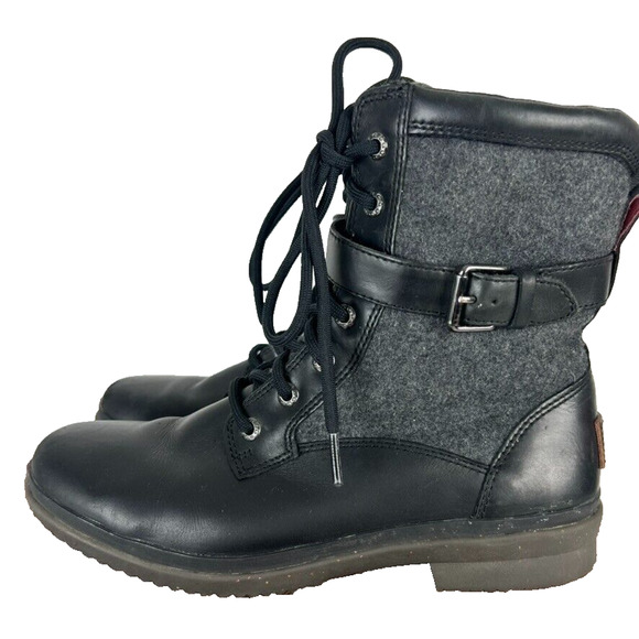 Ugg Kesey Boots Womens 8.5 Black Snow Fur Wool Lining Insoles Lace Up Zip Biker - Picture 2 of 14